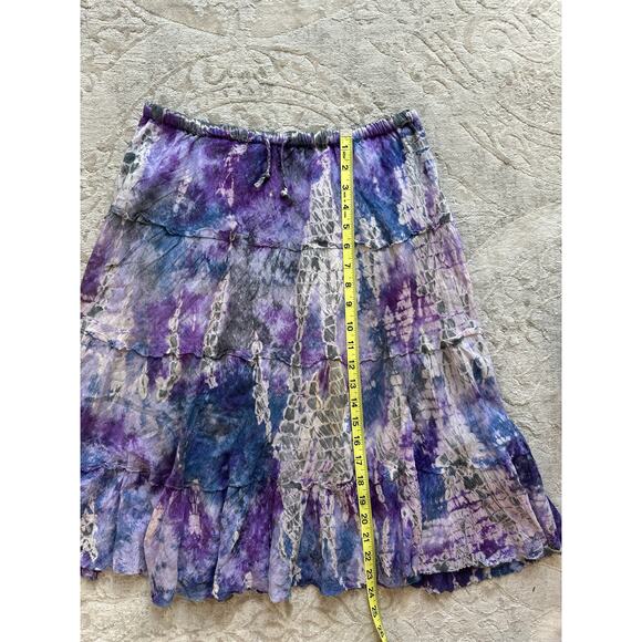 Boho Tie Dye Midi Skirt Purple Blue Ruffle Hem Lightweight Elastic Waist - Picture 6 of 6